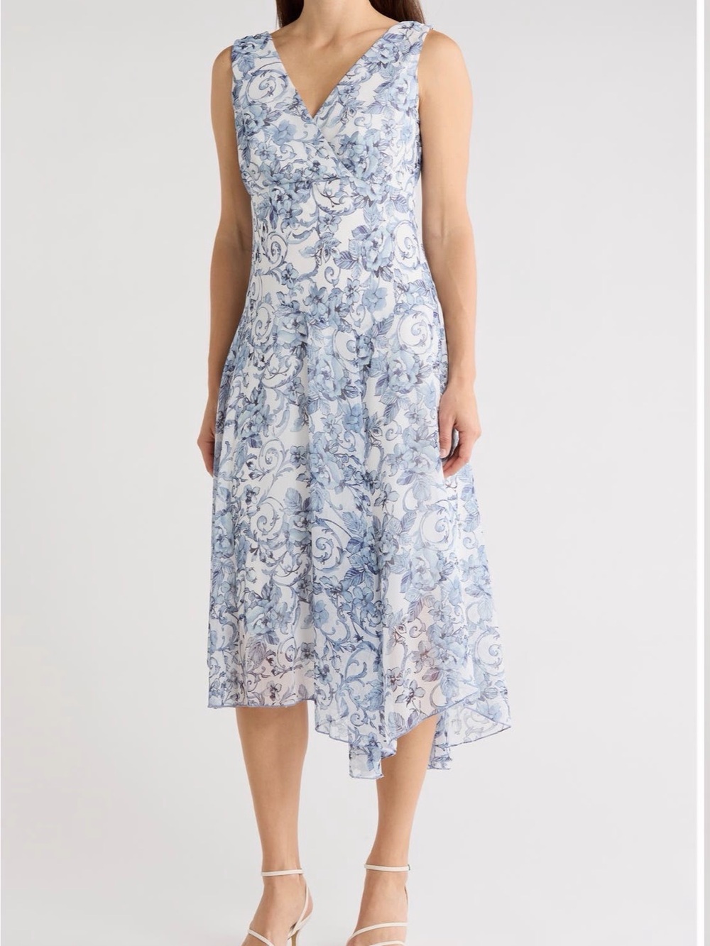 connected apparel Blue & White Floral V-Neck High-Low Dress size 4 NEW w TAGS